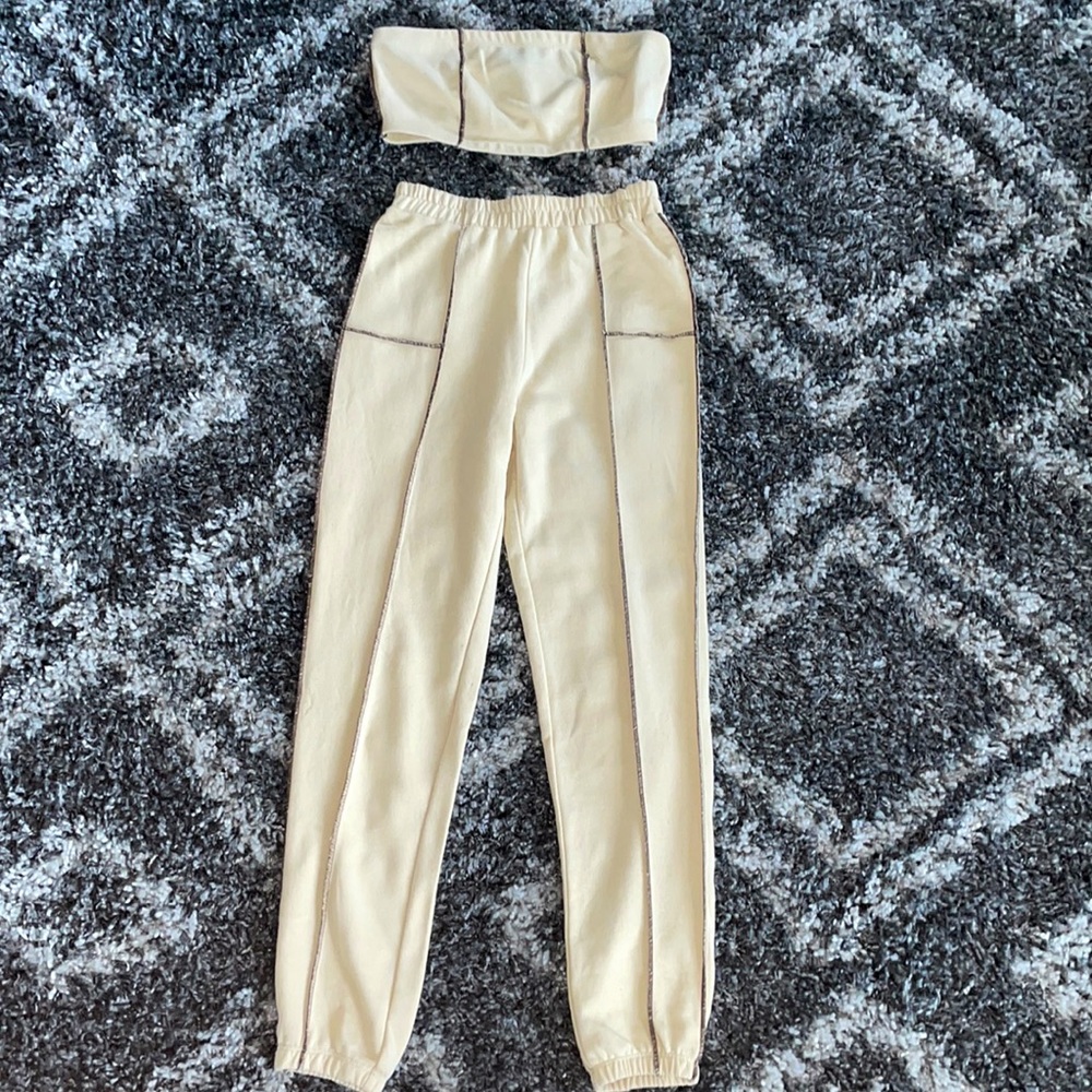 Beige 2pc From Forever21: Tube top + High-waist sweats w/ Brown seam detailing